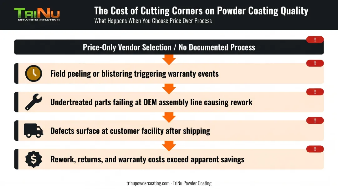 Four powder coating quality failure consequences for OEM manufacturers cascade diagram