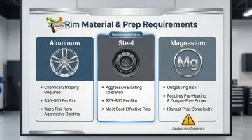 Aluminum steel and magnesium rim powder coating prep method comparison infographic