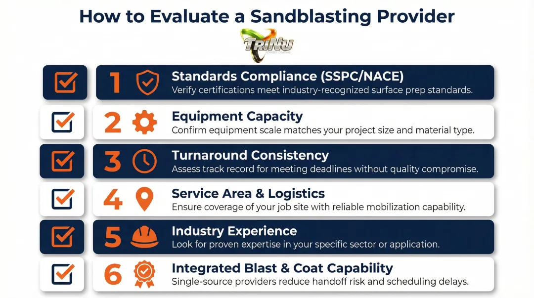 6 key criteria for selecting a Tampa Bay sandblasting provider checklist infographic
