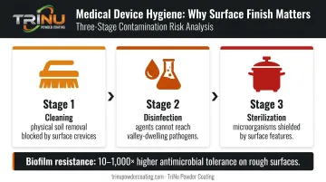 Three-stage medical device hygiene process showing biofilm resistance risk infographic