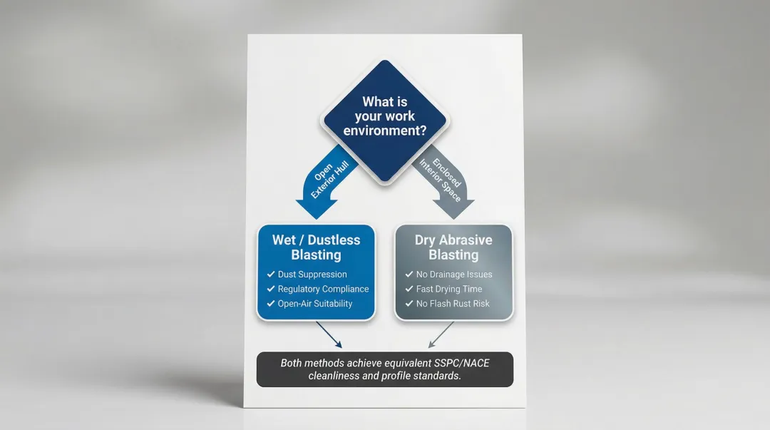 Wet versus dry marine sandblasting decision guide flowchart for vessel preparation