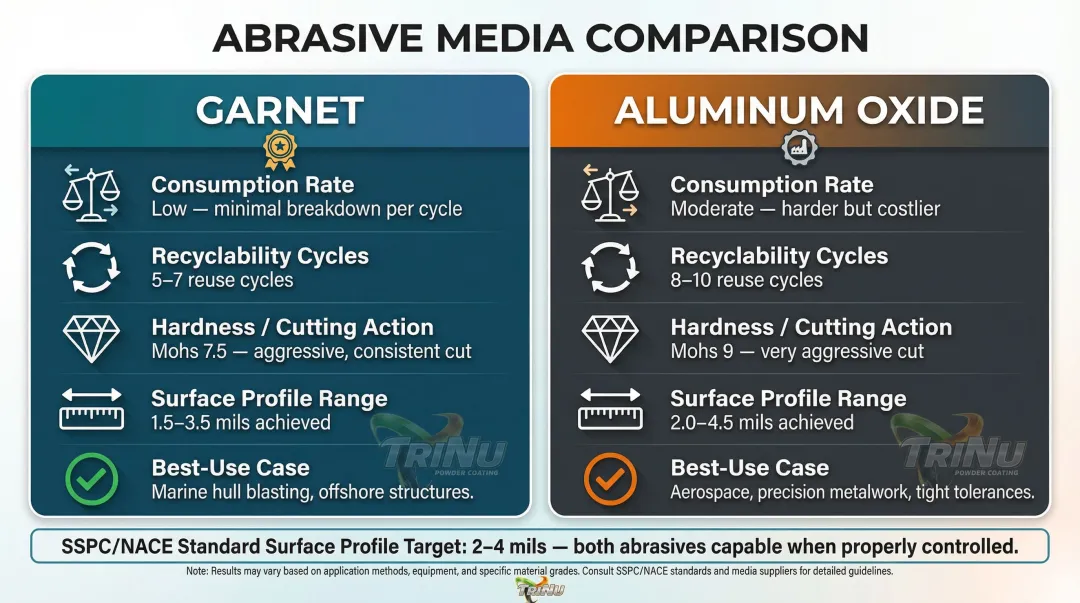 Garnet versus aluminum oxide marine abrasive media comparison infographic