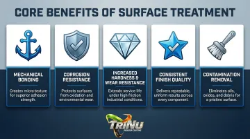Five core benefits of surface treatment for industrial metal parts infographic