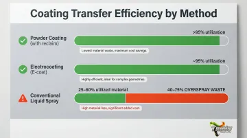 Coating transfer efficiency comparison powder coating e-coat versus liquid spray infographic