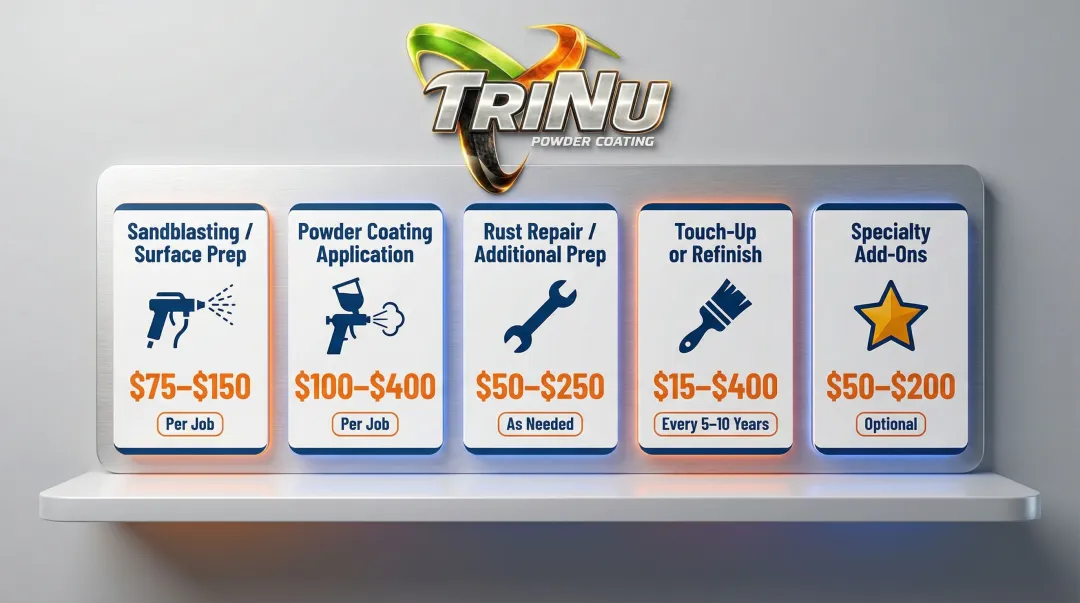 Complete bumper powder coating cost breakdown table with component ranges and frequency