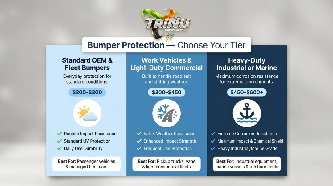 Three-tier bumper powder coating budget guide matched to vehicle use case