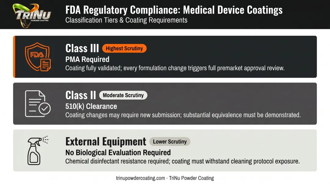 FDA medical device coating regulatory compliance tiers Class I Class II Class III breakdown