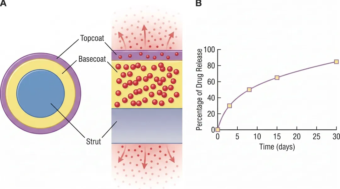 Drug-eluting coronary stent cross-section showing polymer coating and drug release mechanism