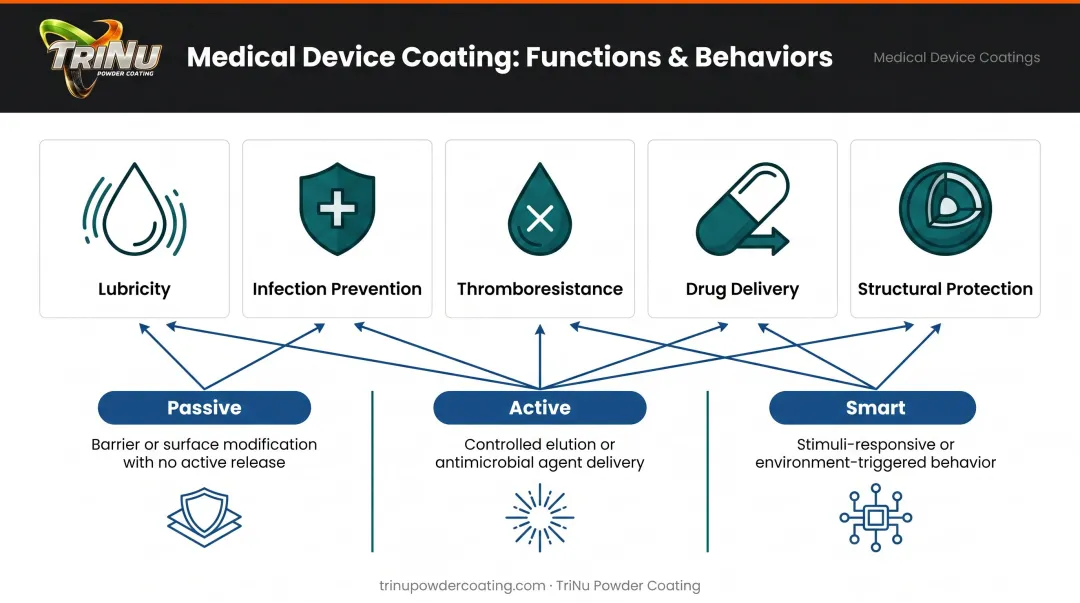 Five medical device coating functions passive active and smart categories comparison