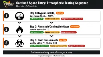 Three-step confined space atmospheric testing sequence before shipyard blasting entry
