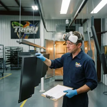 Powder coating technician inspecting finished OEM parts