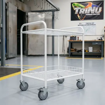 Powder-coated medical cart frame in a clean manufacturing facility
