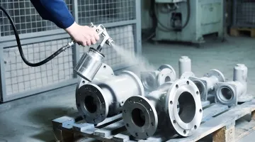 Metal parts being powder coated in industrial finishing facility