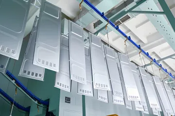 Metal finishing process showing surface preparation and powder coating application