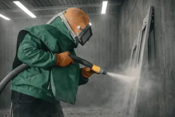 Technician performing precision abrasive blasting on industrial metal component