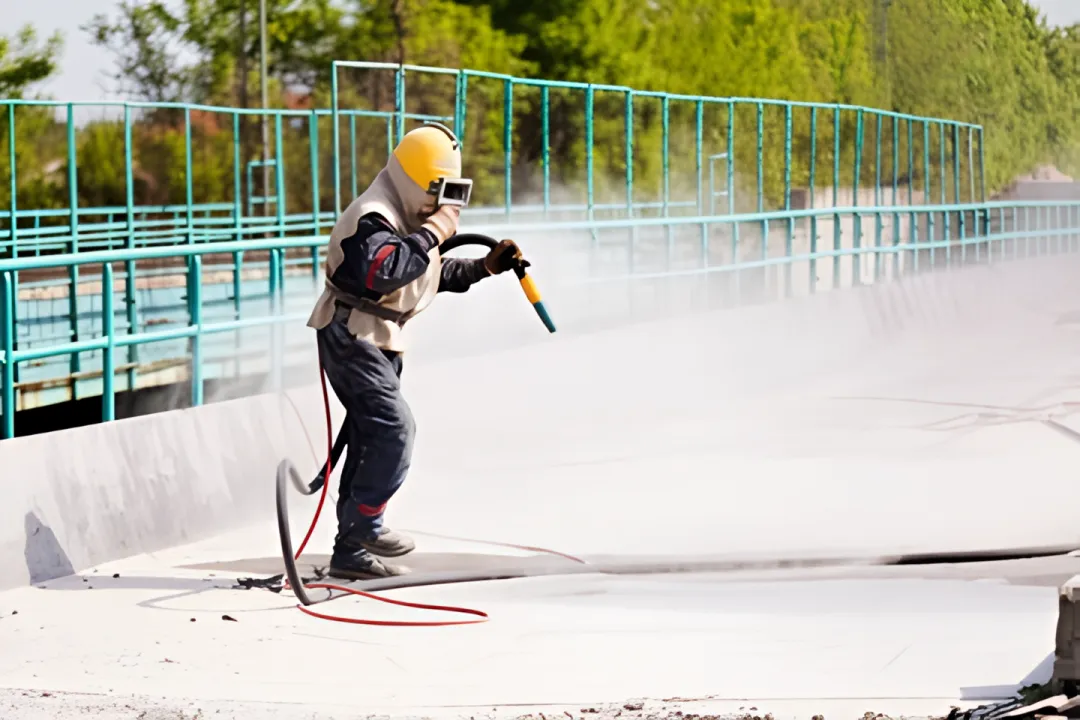 Professional sandblasting technician preparing metal surface in industrial facility