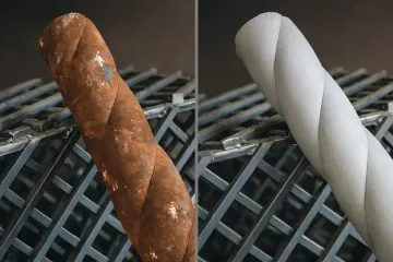 Before and after comparison of rust removal on industrial metal component showing restored clean surface