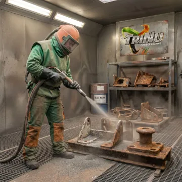 Marine metal component being abrasive blasted