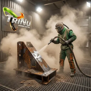 Technician preparing metal parts for marine coating