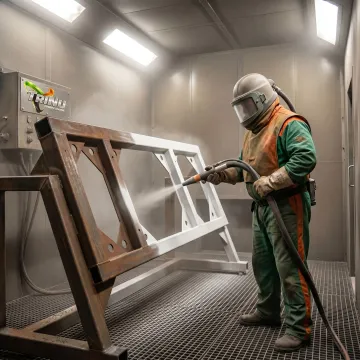Military metal component being sandblasted