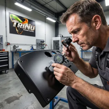 Technician inspecting powder coated aviation panel