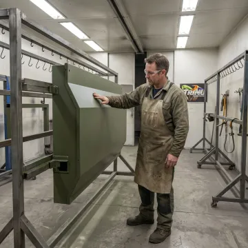 Technician inspecting coated military metal component