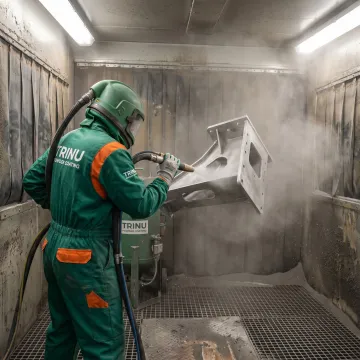 Technician media blasting aerospace component