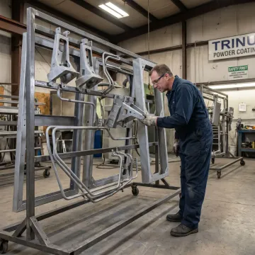 Technician inspecting blasted metal parts before coating