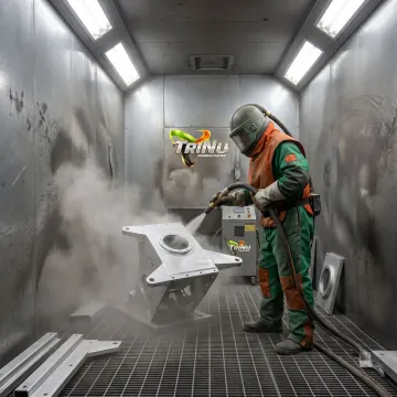 Aerospace metal component being prepared with abrasive blasting