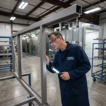 Technician inspecting coated aviation equipment frame