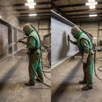 Technician preparing industrial metal parts for coating