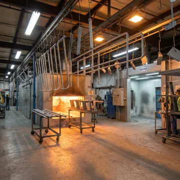 Stainless steel components being powder coated