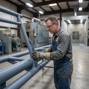 Technician inspecting coated marine metal components