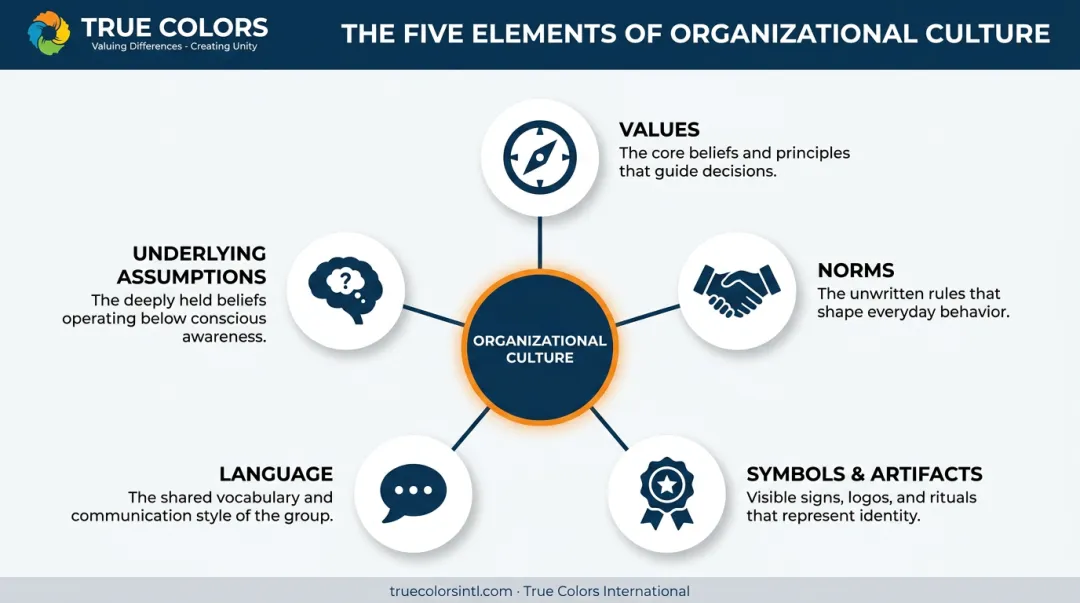 Five elements of organizational culture infographic with icons and descriptions