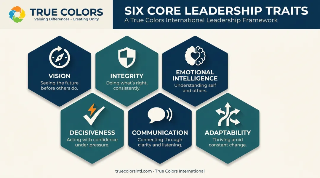 Six core leadership traits vision integrity decisiveness communication infographic