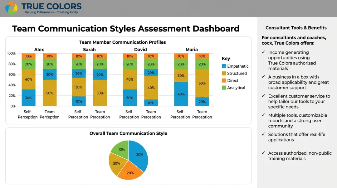 True Colors International assessment dashboard mapping team communication style patterns