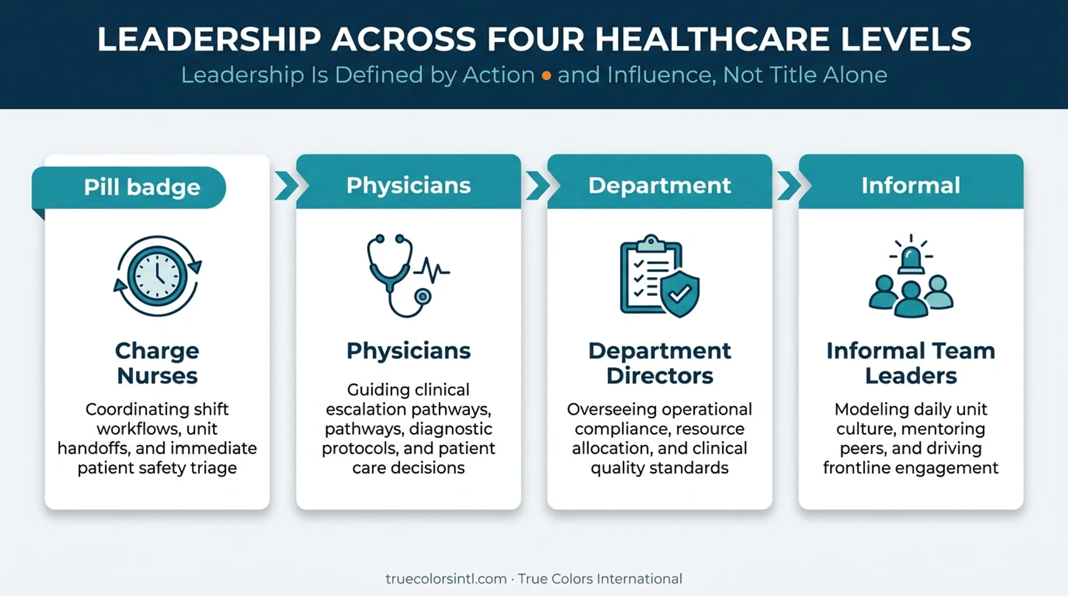 Healthcare leadership roles shown across four organizational levels