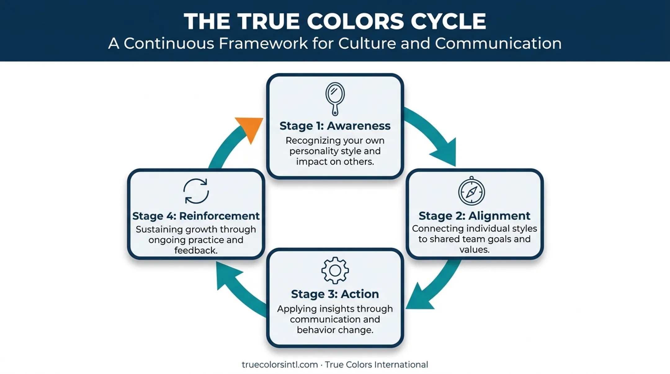 Four-stage Connected Leadership Program cycle from awareness to reinforcement