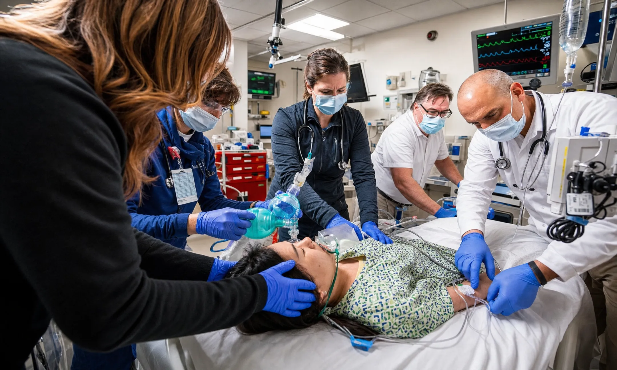 Emergency room medical team responding urgently during a code situation