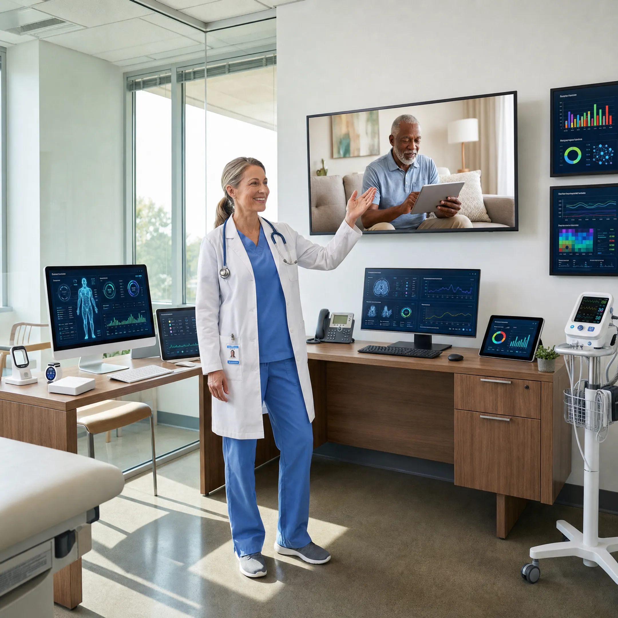 Hospital staff using AI diagnostic technology and telehealth platforms