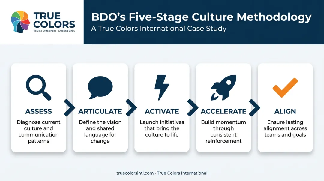 BDO five-stage culture sequence Assess Articulate Activate Accelerate Align infographic