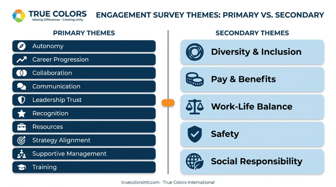 Primary versus secondary employee engagement survey theme categories chart