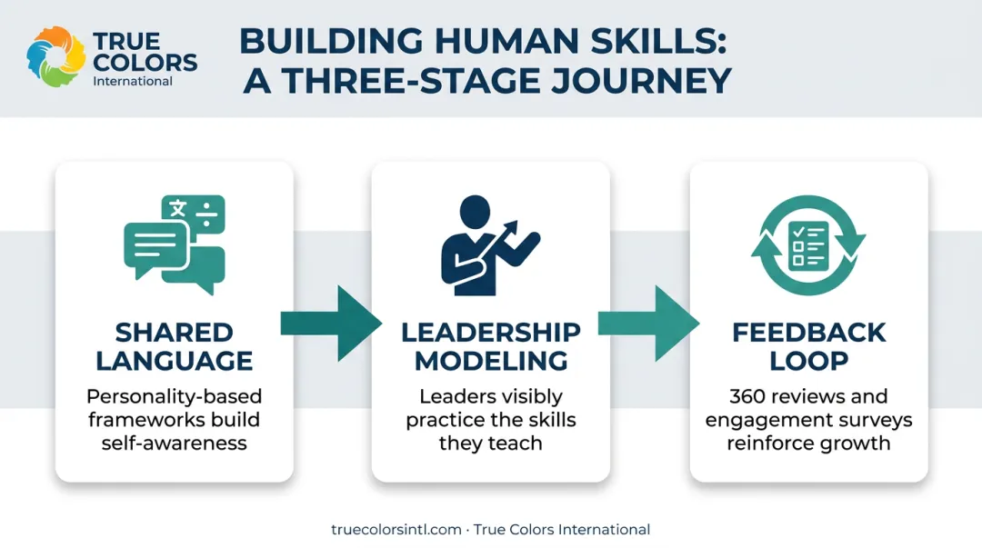 Three-step human skills development framework process flow diagram