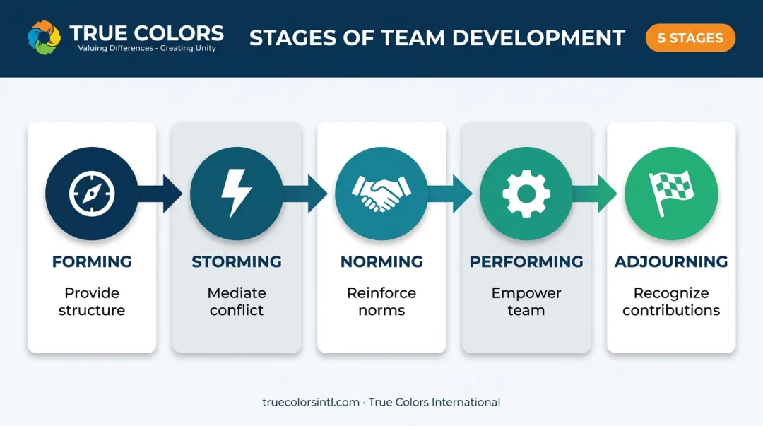 Five stages of team dynamics Forming Storming Norming Performing Adjourning timeline