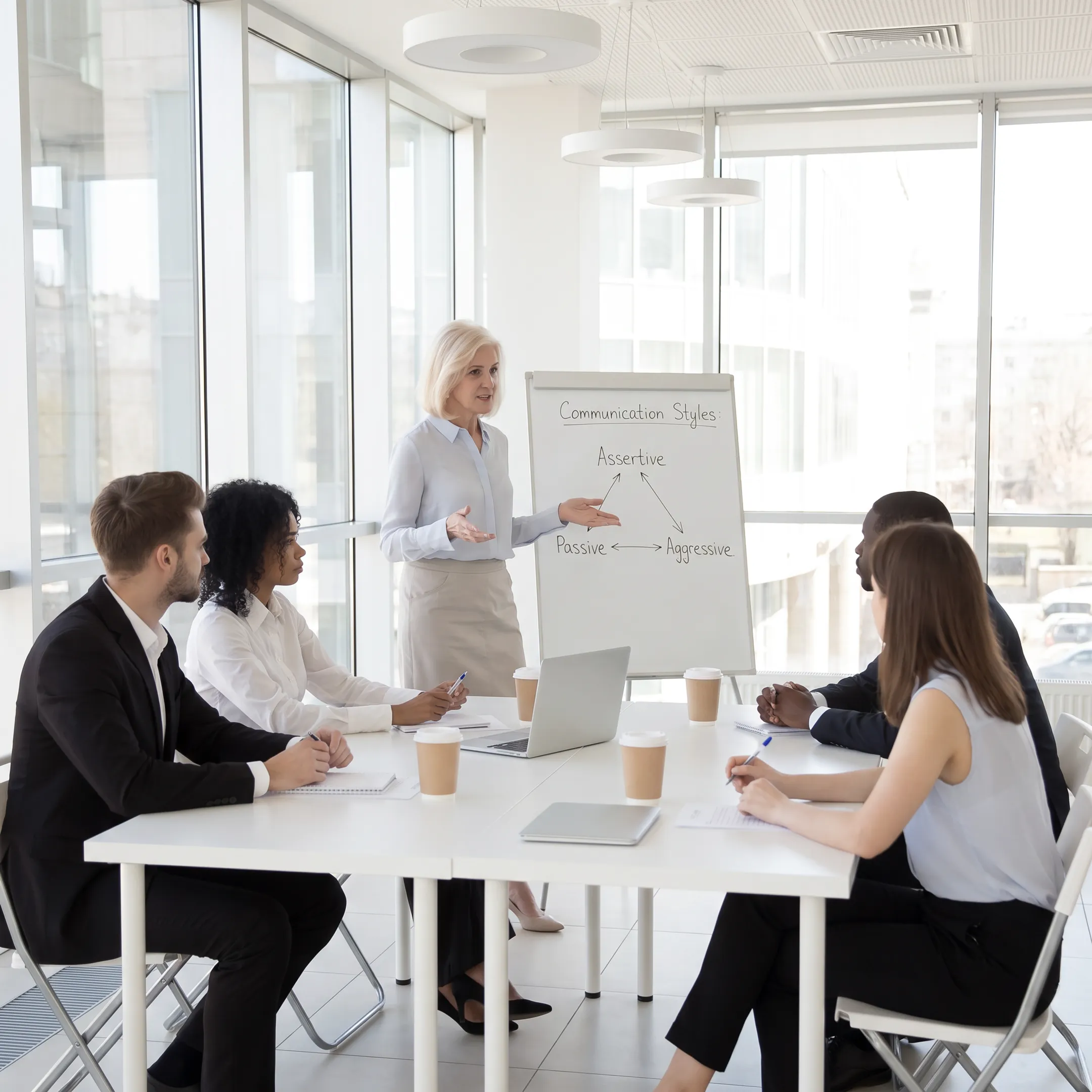 Employees participating in an interactive workplace communication training session