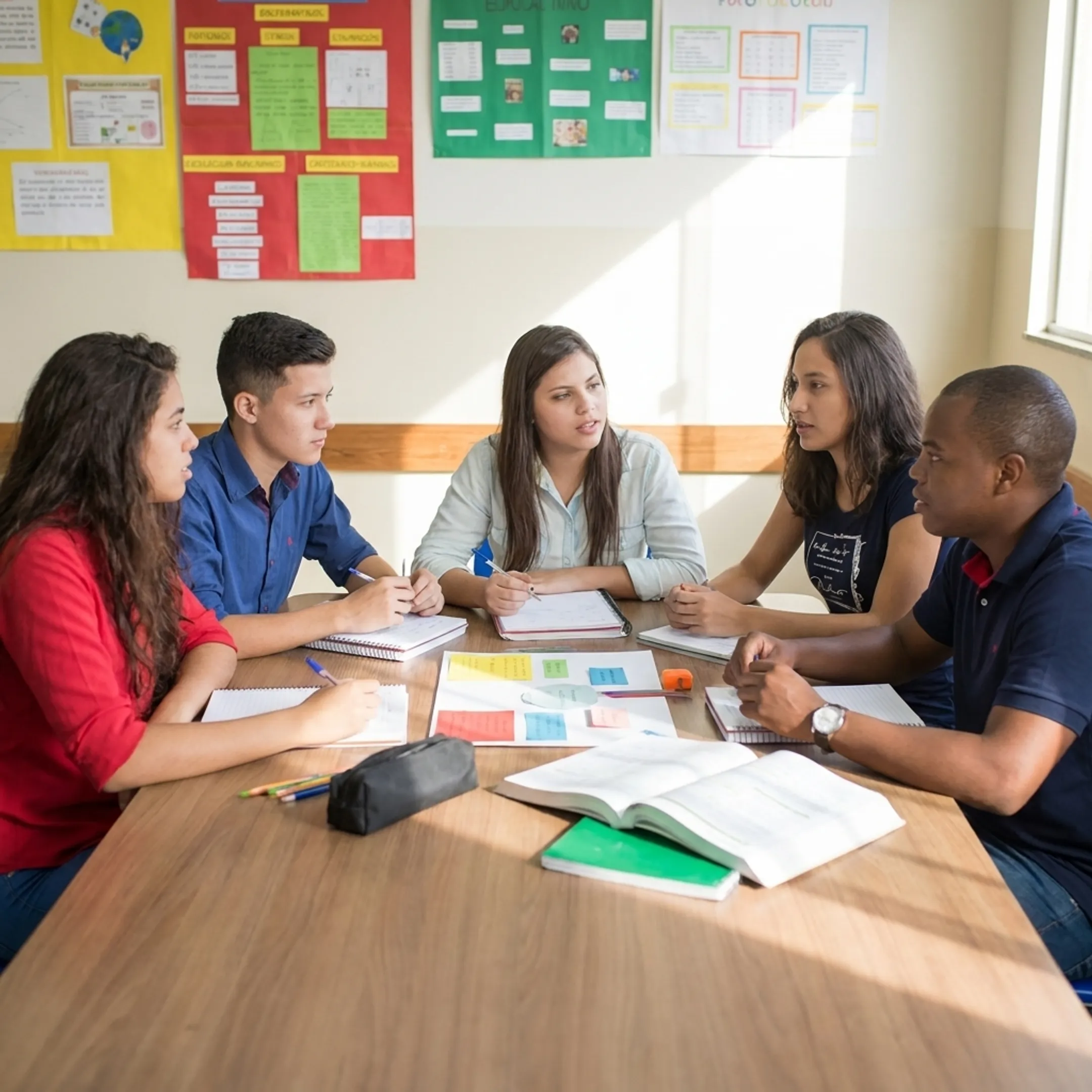 Students collaborating peacefully in a classroom setting