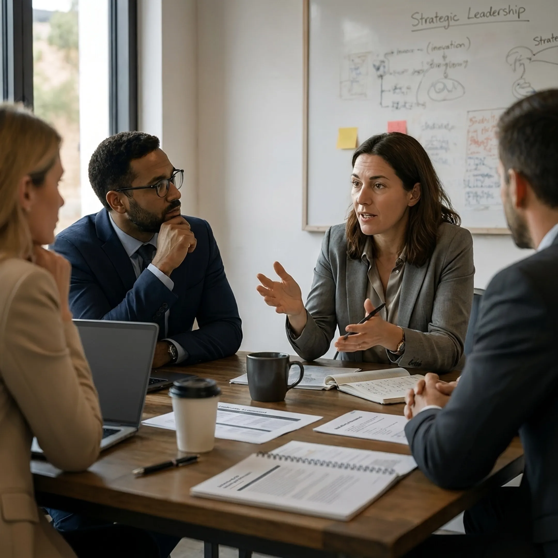 C-suite executives collaborating in an executive leadership development session