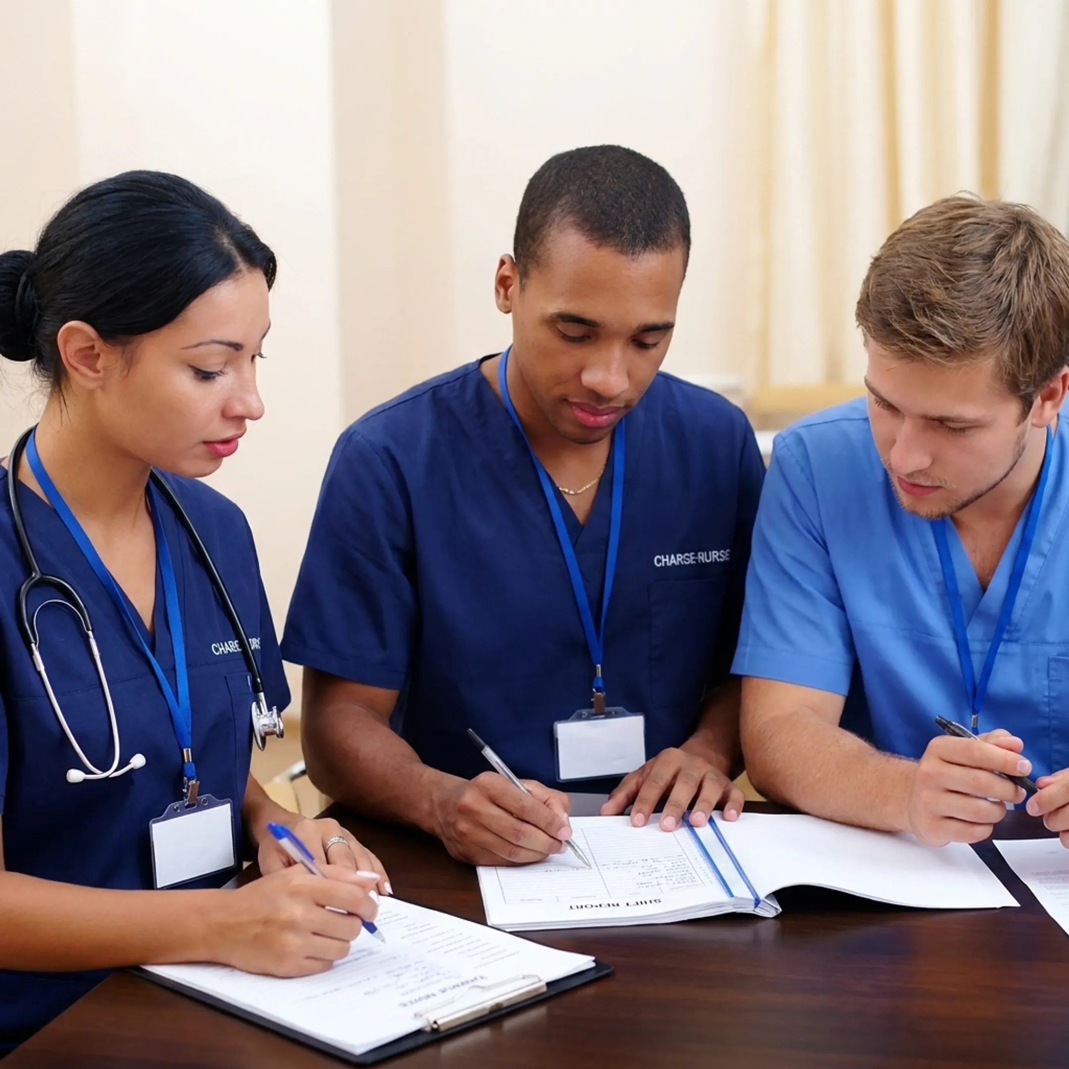 Nurse supervisor collaborating with medical team during shift handoff