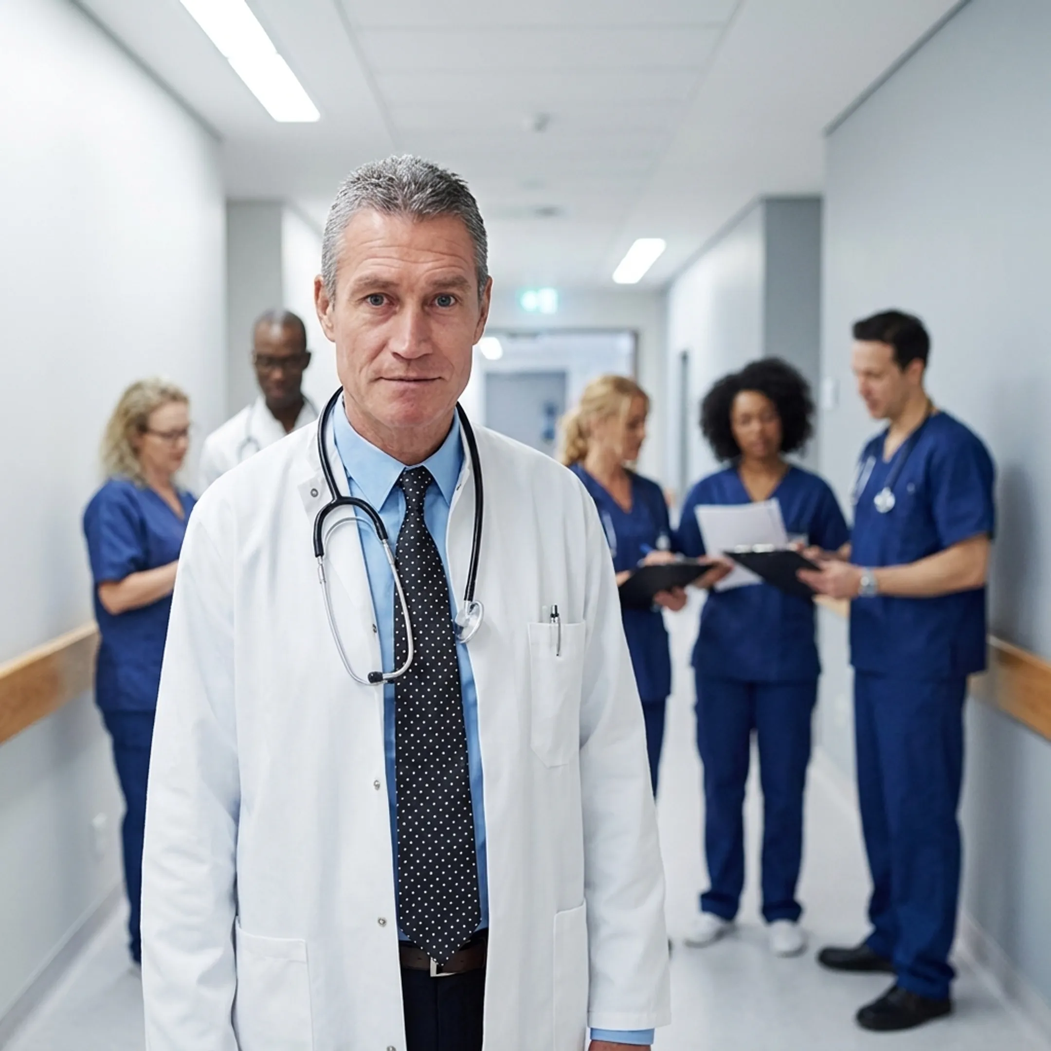 Nurse team discussing patient care collaboration in a hospital hallway