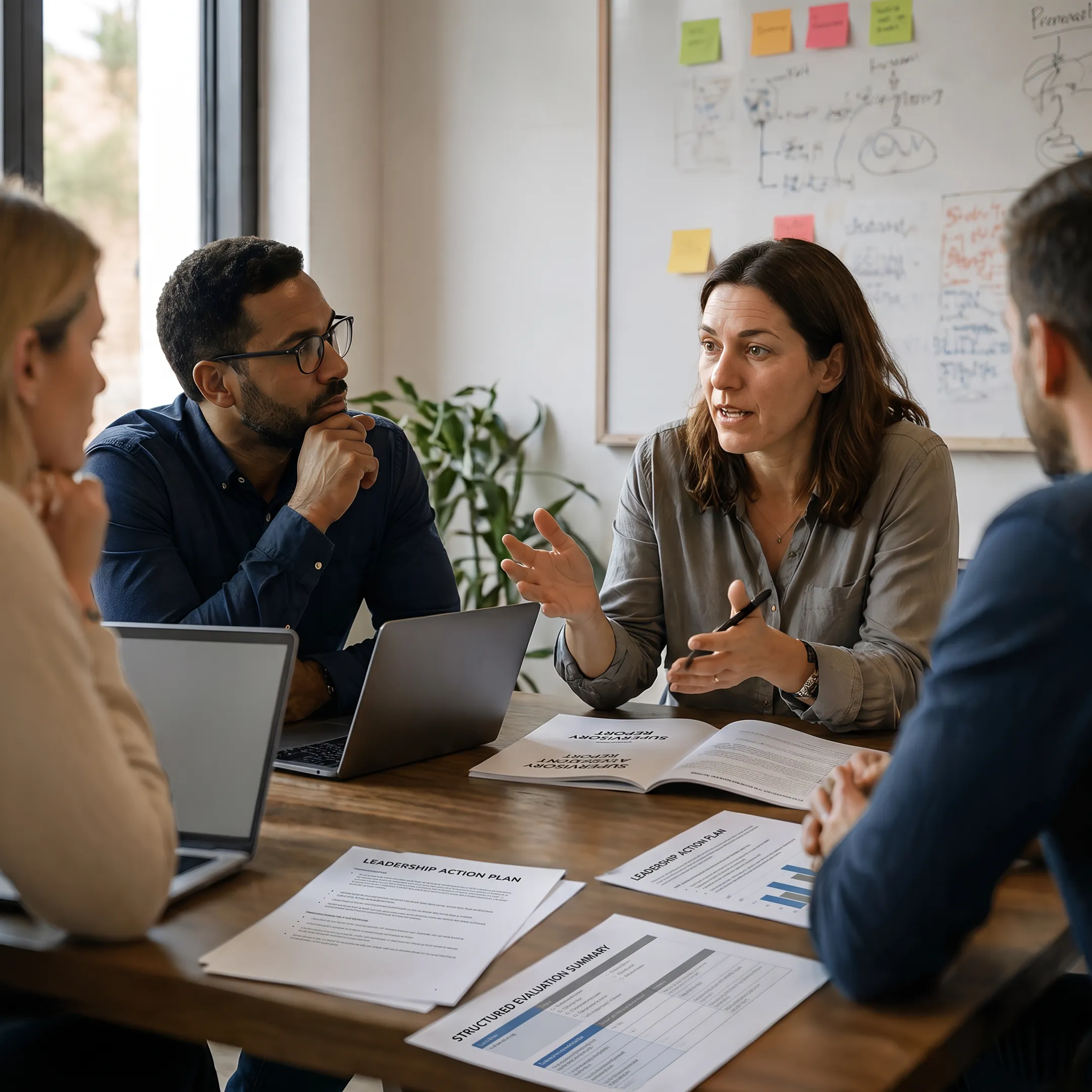 Two business leaders analyzing team assessment results during a professional leadership coaching session